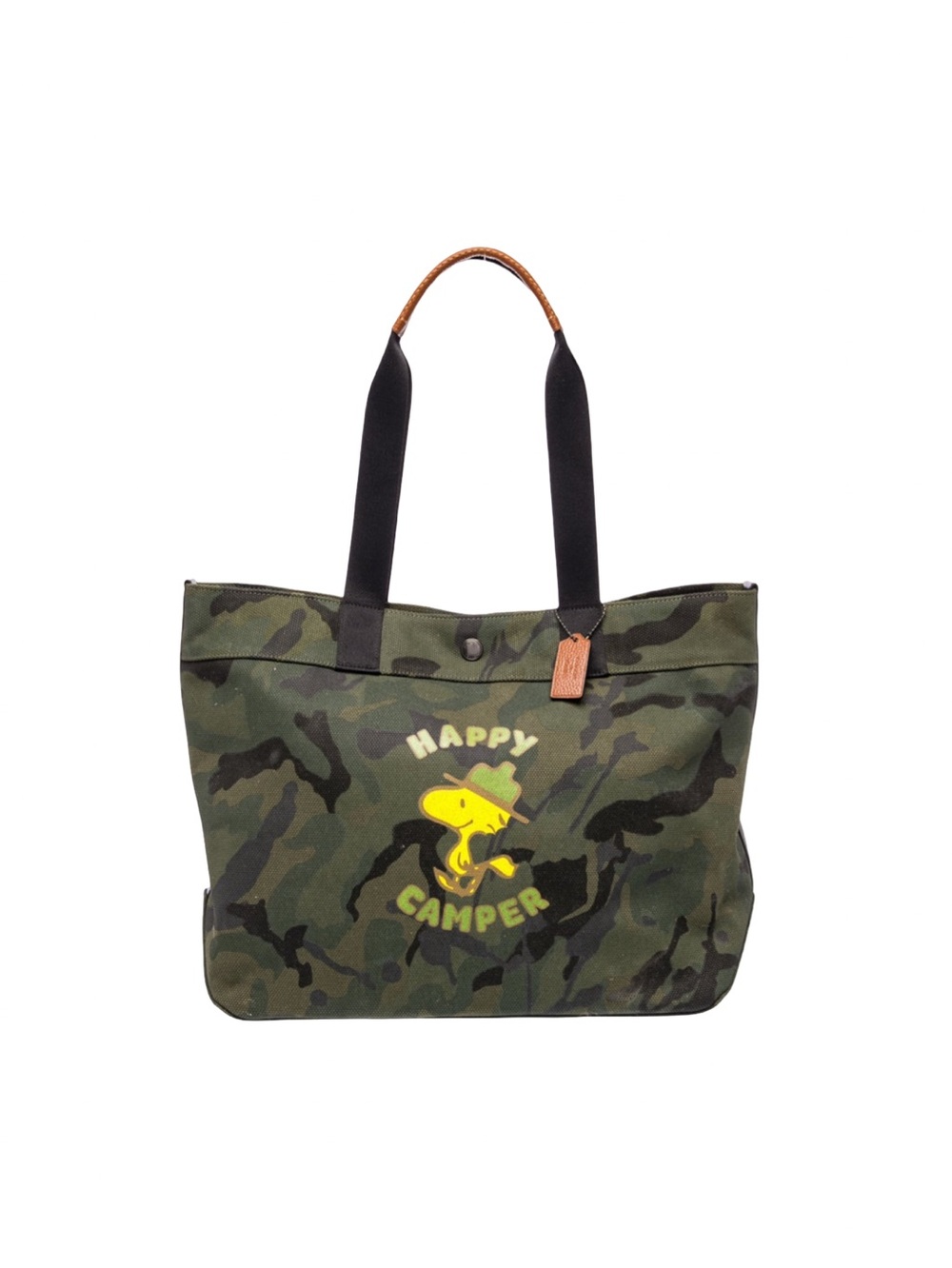 COACH Peanuts Snoopy’s Woodstock Camo Canvas Leather Tote Bag EUC Happy Camper